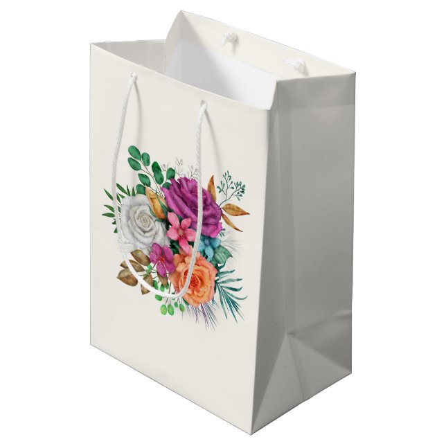 Pink, Orange & White Roses Floral Bouquet Medium Gift Bag (Front Angled)