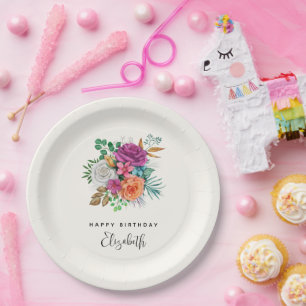 Pink, Orange & White Roses Floral Bouquet Paper Plate