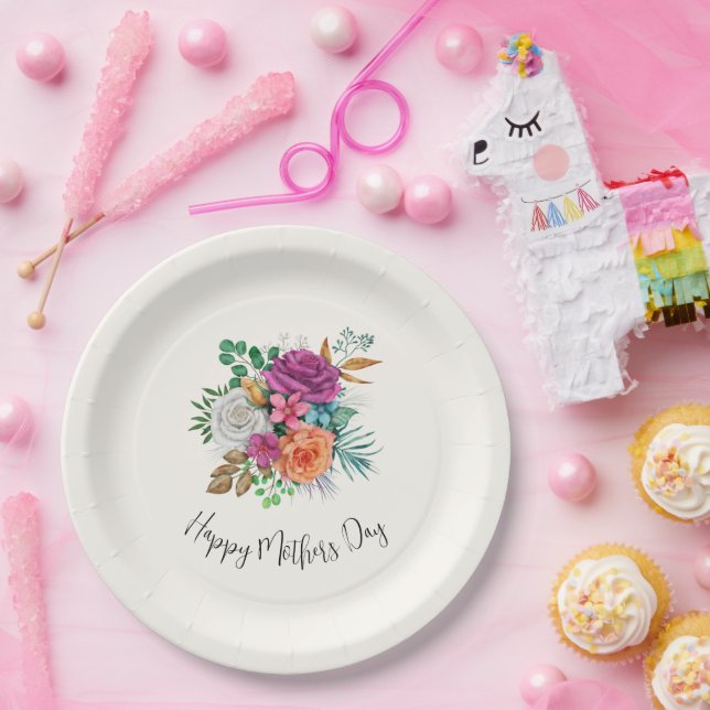 Pink, Orange & White Roses Floral Bouquet Paper Plate (Party)