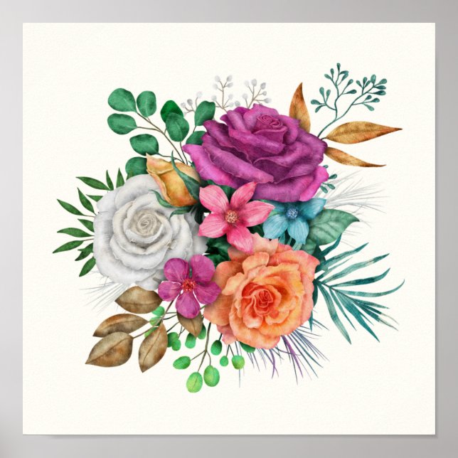 Pink, Orange & White Roses Floral Bouquet Poster (Front)