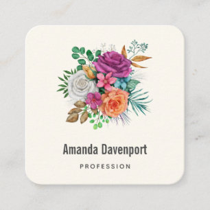Pink, Orange & White Roses Floral Bouquet Square Business Card