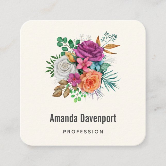 Pink, Orange & White Roses Floral Bouquet Square Business Card (Front)