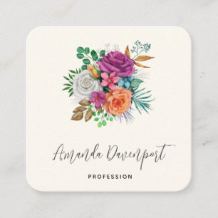 Pink, Orange & White Roses Floral Bouquet Square Business Card