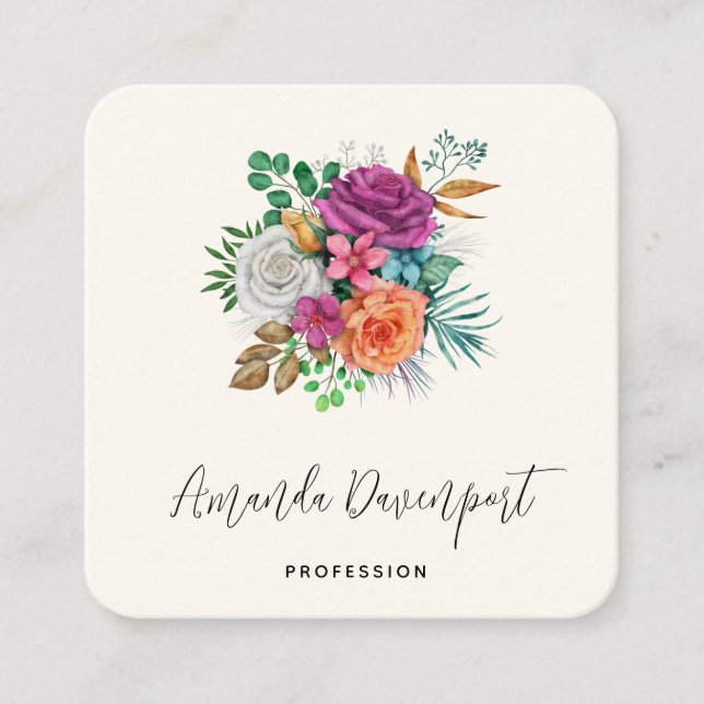 Pink, Orange & White Roses Floral Bouquet Square Business Card (Front)