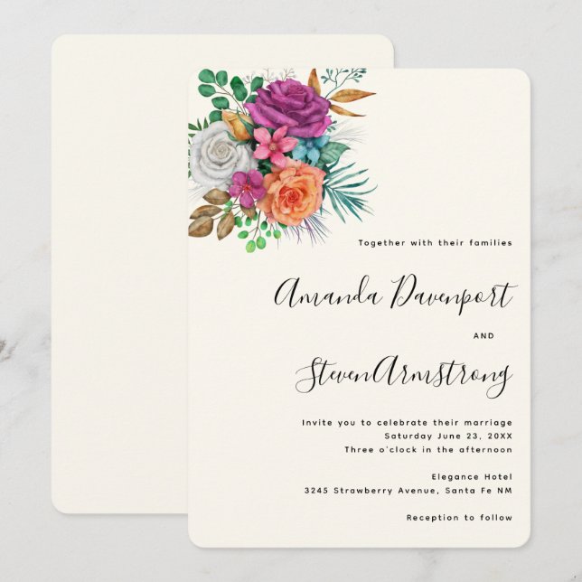 Pink, Orange & White Roses Floral Bouquet Wedding Invitation (Front/Back)