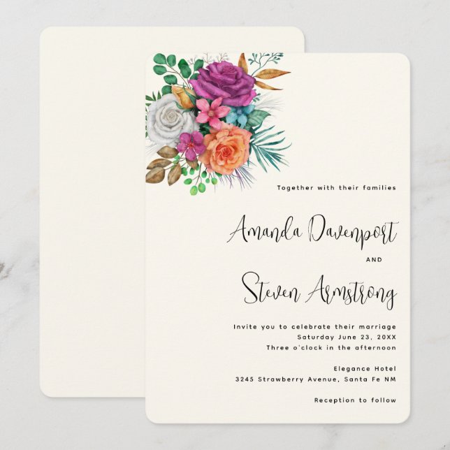 Pink, Orange & White Roses Floral Bouquet Wedding Invitation (Front/Back)