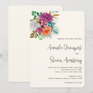 Pink, Orange & White Roses Floral Bouquet Wedding Invitation