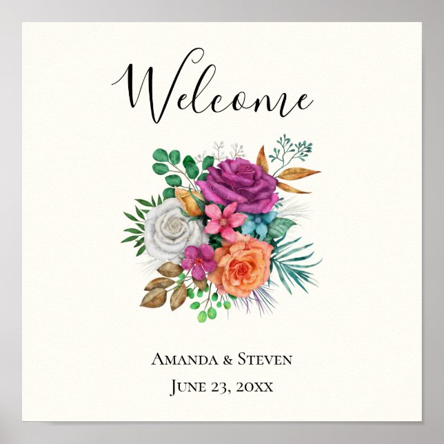 Pink, Orange & White Roses Floral Wedding Poster (Front)