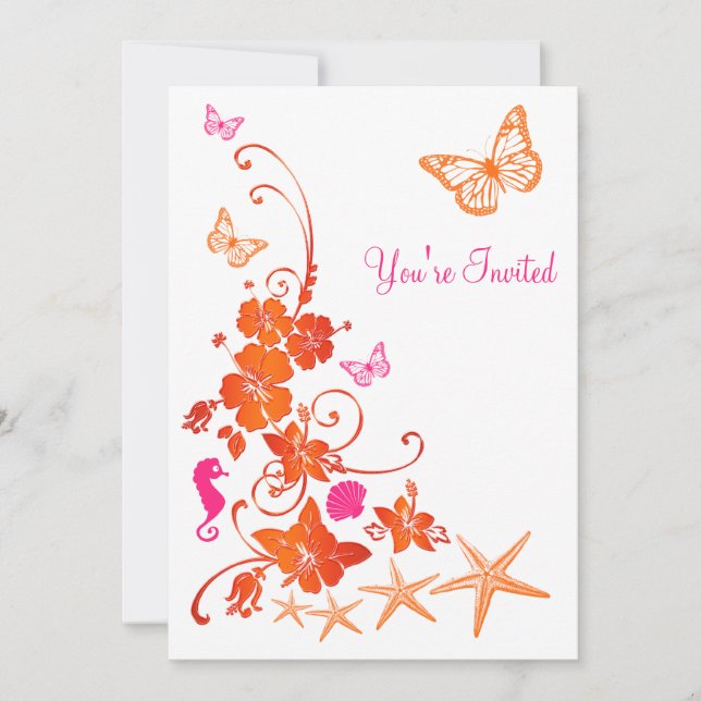 Pink, Orange, White Tropical Beach Post Wedding Invitation (Front)