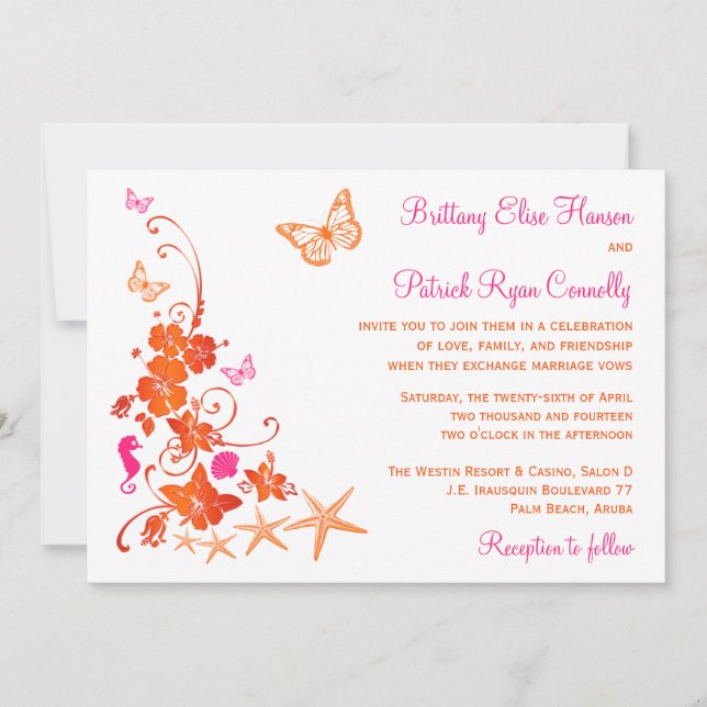 Pink, Orange, White Tropical Beach Wedding Invite (Front)