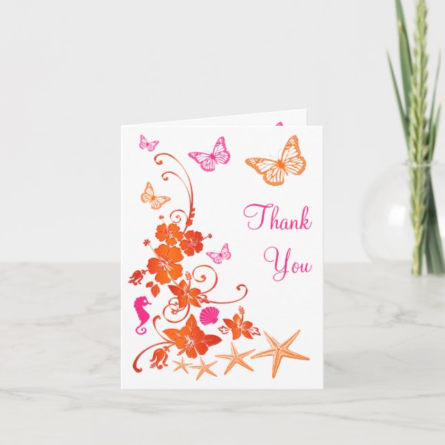 Pink, Orange, White Tropical PHOTO Thank You Card (Front)