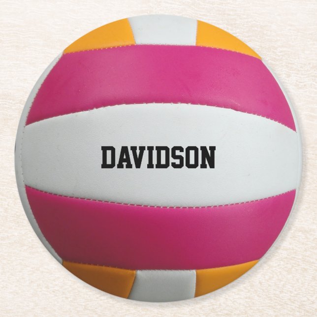 Pink, Orange, White Volleyball Round Paper Coaster (Front)