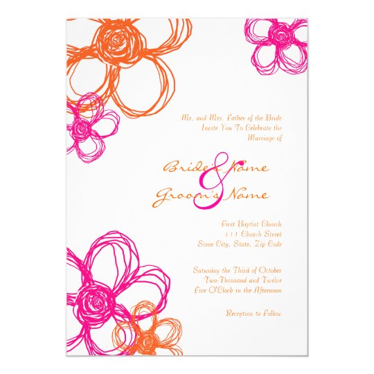 Pink & Orange Wild Flowers 5x7 Wedding Invitation