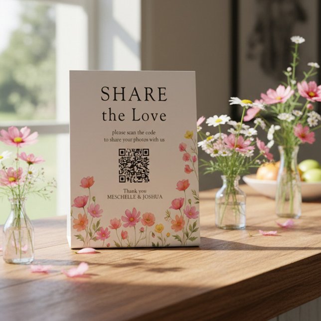 Pink Orange Wildflower Wedding QR Code Pedestal Sign (QR Code sign from the Wildflower Bloom wedding collection by Darling & May)