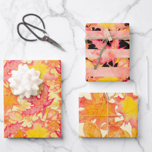 PINK ORANGE YELLOW AUTUMN LEAVES WRAPPING PAPER SHEET