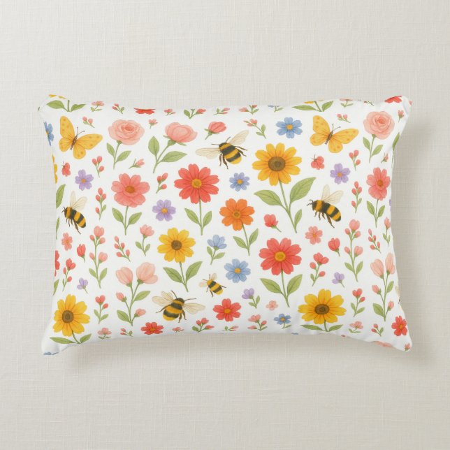 Pink Orange Yellow Floral and Bee Pattern  Decorative Cushion (Front)