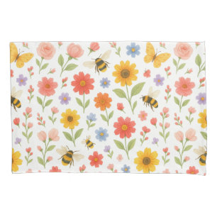Pink Orange Yellow Floral and Bee Pattern Pillowcase