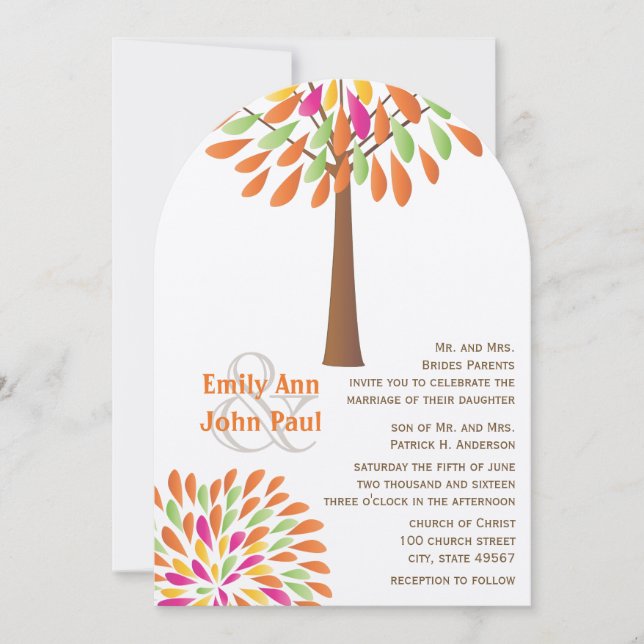 Pink Orange Yellow Green Modern Tree  Wedding Invitation (Front)