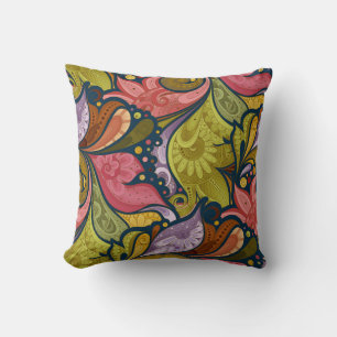 Pink Orange Yellow Green Purple Flowers And Swirl Cushion