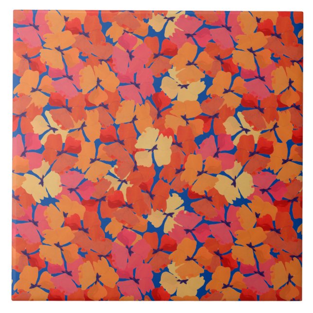 Pink Orange Yellow Poppies Floral Pattern on Blue Tile (Front)