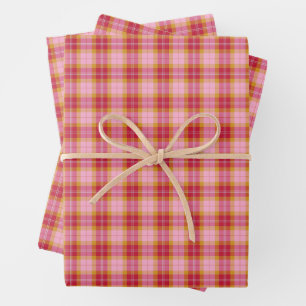 Pink Orange Yellow Preppy Christmas Tartan Plaid Wrapping Paper Sheet