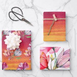 pink orange yellow watercolor and flowers wrapping paper sheet