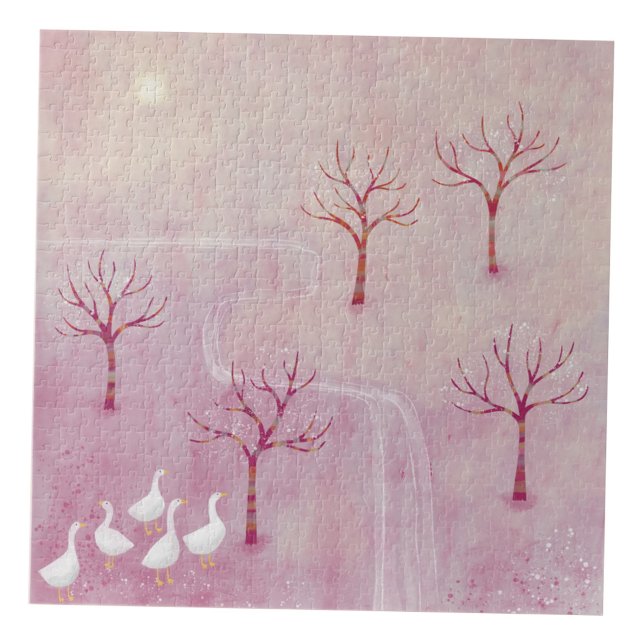 Pink Orchard with Geese Landscape Painting Jigsaw Puzzle (Modern geese orchard landscape painting art jigsaw puzzle)