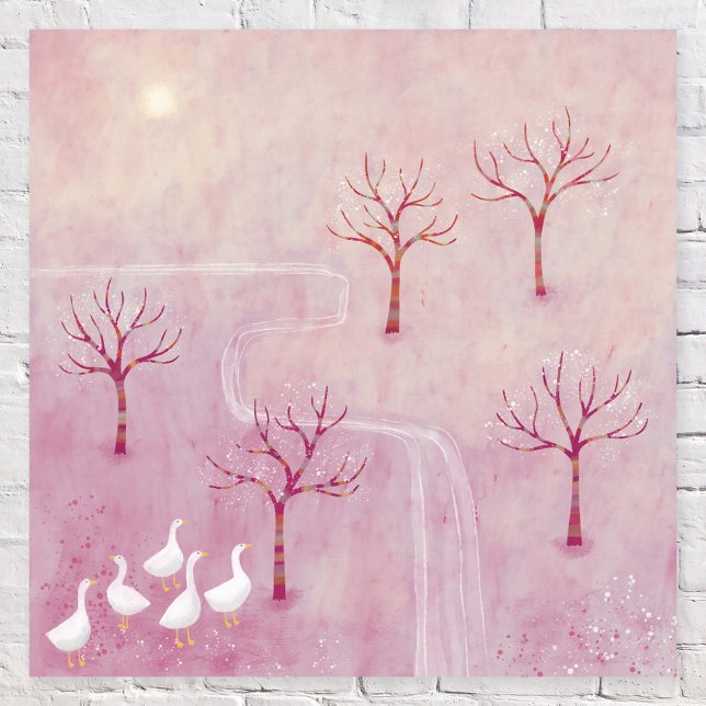 Pink Orchard with Geese Landscape Painting Poster (Modern pink orchard landscape with trees and geese by Nic Squirrell)