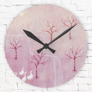 Pink Orchard with Geese Landscape Painting Round Clock