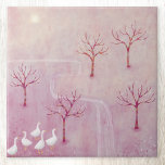 Pink Orchard with Geese Landscape Painting Tile<br><div class="desc">A flock of geese in an orchard of apple trees in spring.  A soft dreamy dusty pink landscape painting. Original art by Nic Squirrell.</div>