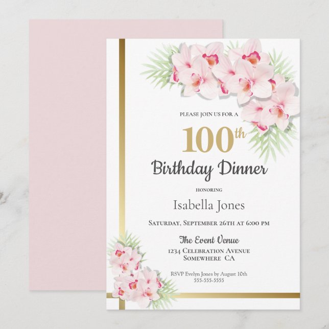Pink Orchid 100th Birthday Dinner Party Invitation (Front/Back)