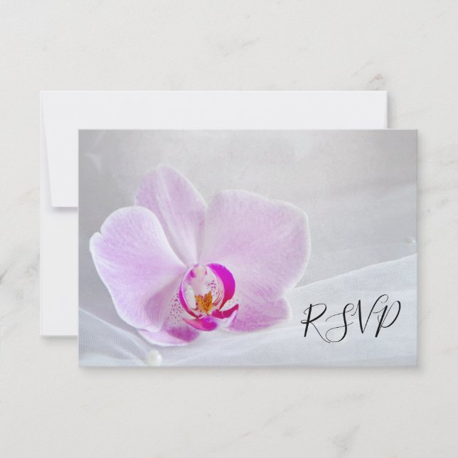 Pink Orchid and Bridal Veil Wedding RSVP Card (Front)