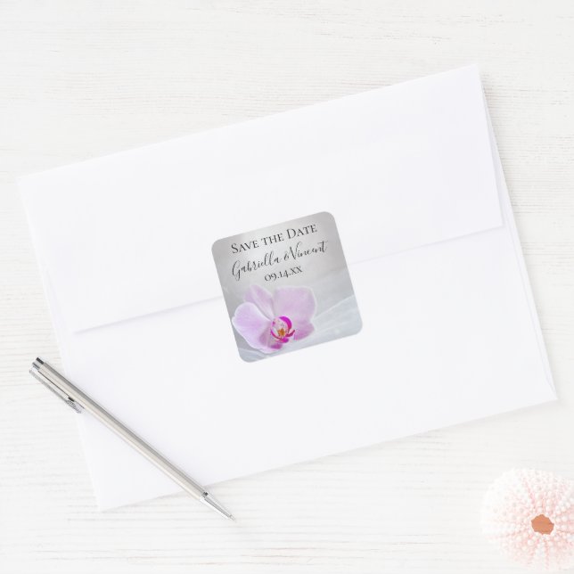 Pink Orchid and Bridal Veil Wedding Save the Date Square Sticker (Envelope)