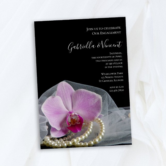 Pink Orchid and Pearls on Black Engagement Party Invitation (Creator Uploaded)