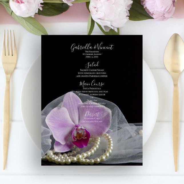 Pink Orchid and Pearls on Black Wedding Menu (Creator Uploaded)