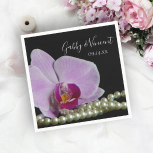 Pink Orchid and Pearls on Black Wedding Napkin
