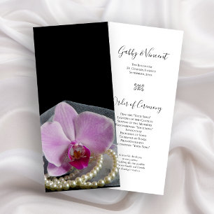 Pink Orchid and Pearls on Black Wedding Program Programme