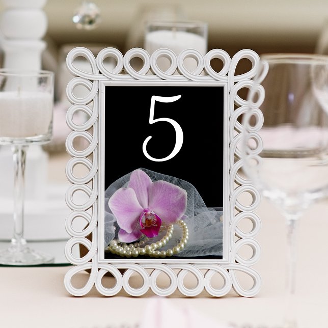 Pink Orchid and Pearls on Black Wedding Table Number (Creator Uploaded)