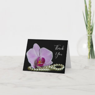 Pink Orchid and Pearls on Black Wedding Thank You