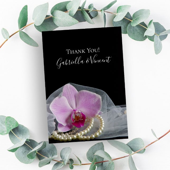 Pink Orchid and Pearls on Black Wedding Thank You Card (Creator Uploaded)