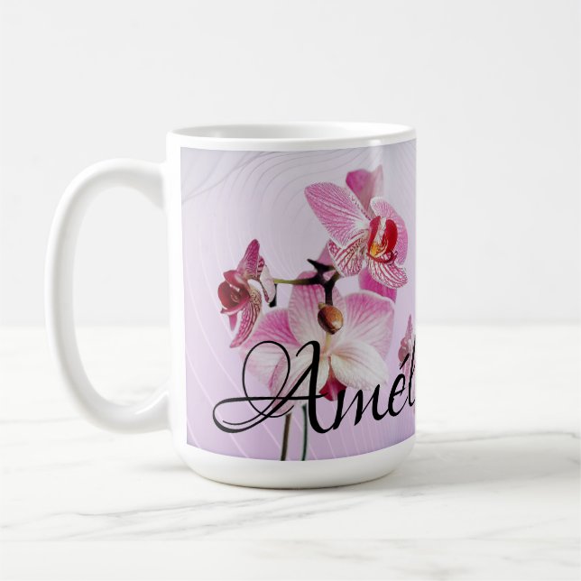 Pink Orchid Custom Taza: Photos/Name Coffee Mug (Left)