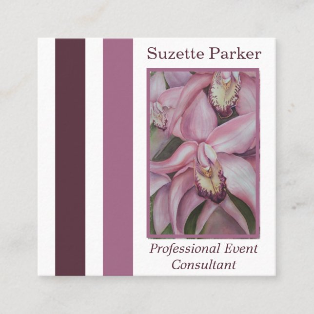 Pink Orchid Event Planner Square Business Card (Front)