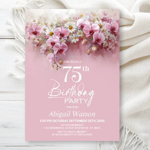 Pink Orchid Floral 75th Birthday Party Invitation