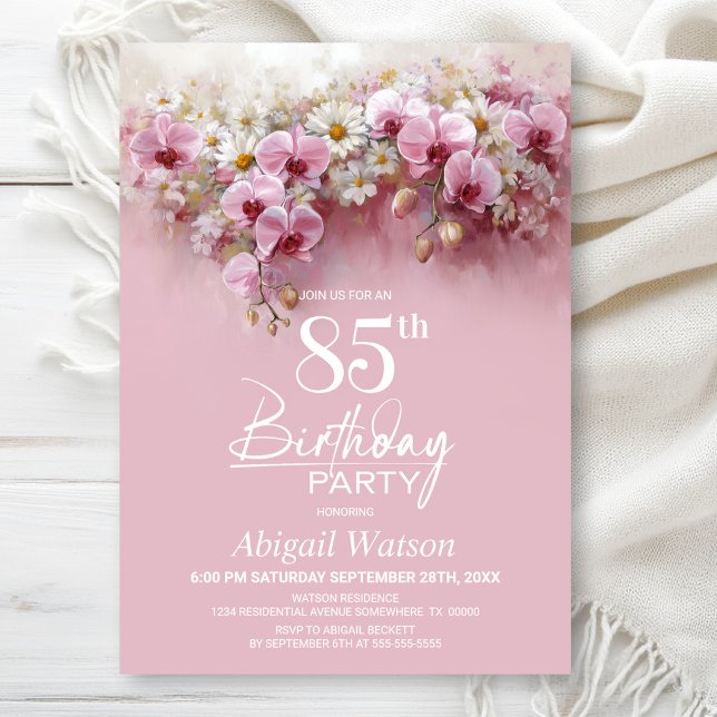 Pink Orchid Floral 85th Birthday Party Invitation (Creator Uploaded)