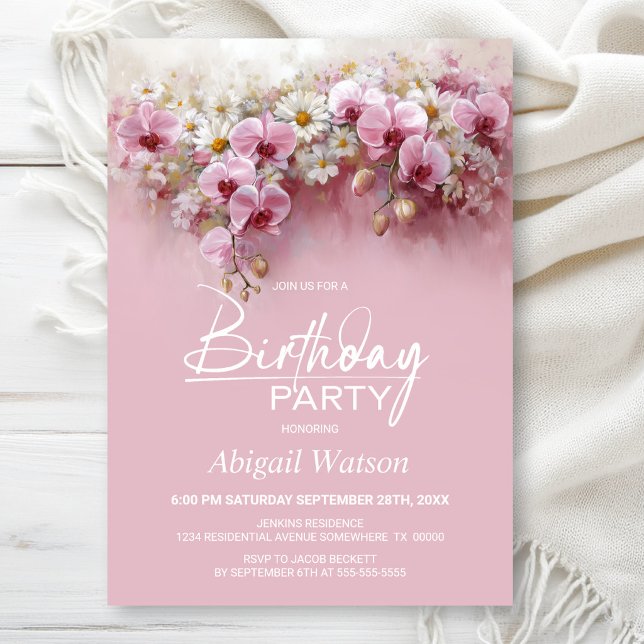 Pink Orchid Floral Any Age Birthday Party Invitation (Creator Uploaded)