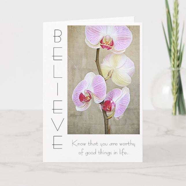 Pink Orchid Floral Believe Inspirational   Card (Front)