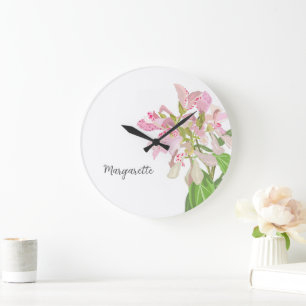 Pink Orchid Floral Design – Elegant Botanical Art Large Clock