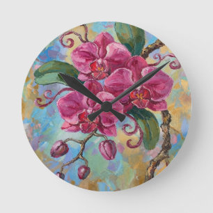 Pink Orchid Floral Painting Round Clock
