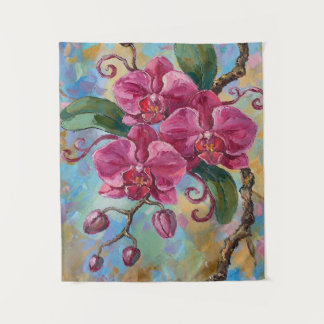 Pink Orchid Floral Painting Tapestry