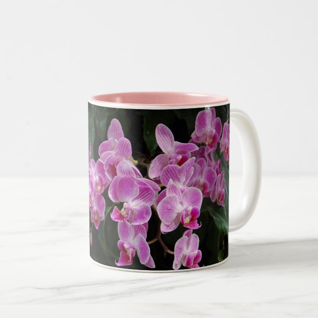 Pink Orchid Floral Photography Two-Tone Coffee Mug (Front Right)